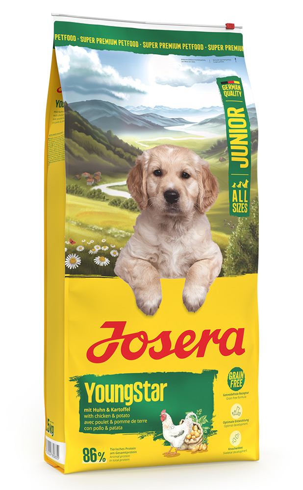 Корм Йозера YoungStar беззерновой корм для щенков  и молодых собак с мясом дом.птицы 28% и картофелем (Junior 25/13), 12.5 кг.