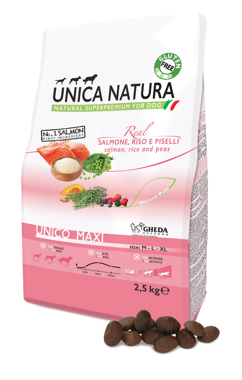 Корм для собак cредних и крупных пород Unica Natura Unico Maxi – Лосось, Рис и Горох