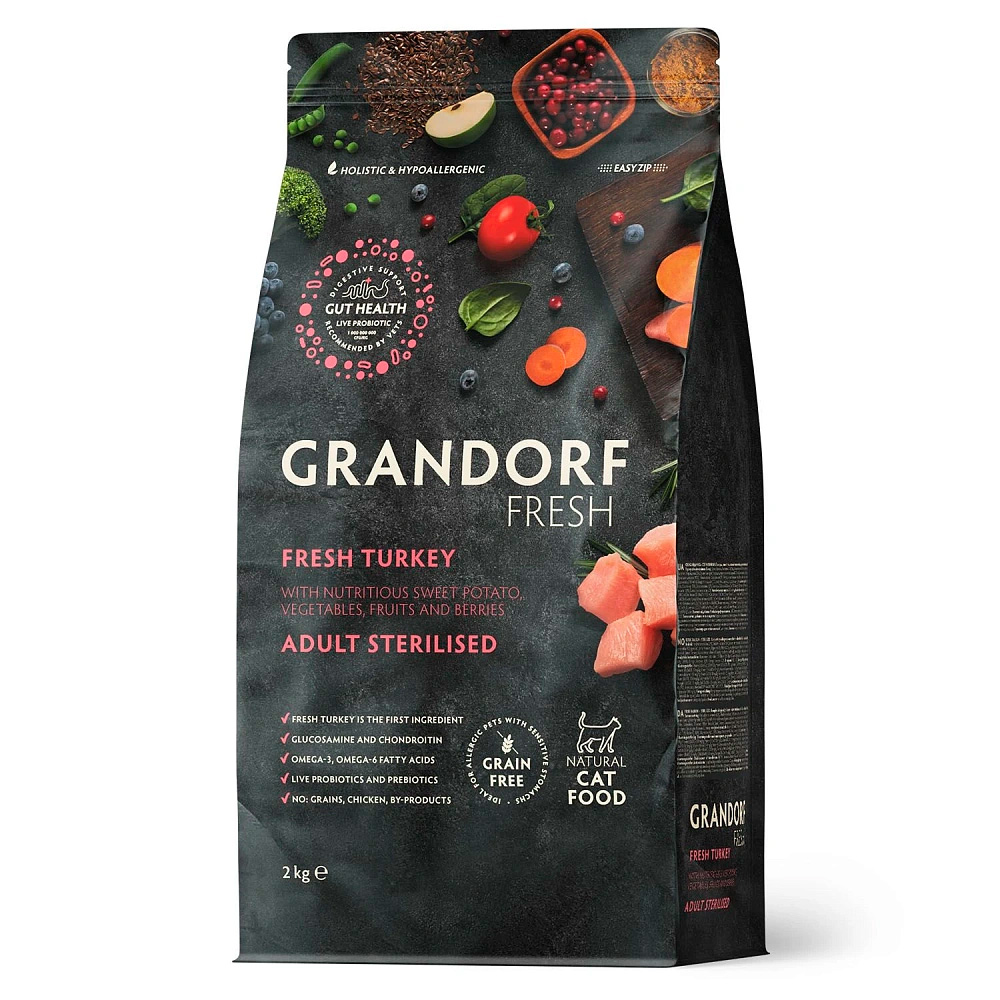 Беззерновой гипоаллергенный корм GRANDORF CAT Fresh Turkey & Sweet Potato Adult STERILISED для взрослых стерилизованных кошек (индейка и батат)