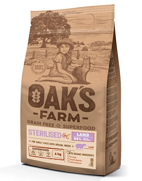 Беззерновой корм OAK'S FARM Sterilised Adult Cat Lamb для взрослых стерилизованных кошек (ягненок)