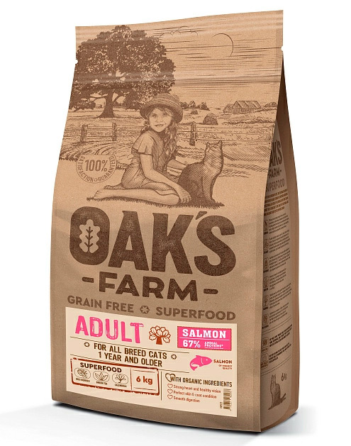 Беззерновой корм OAK'S FARM Adult Cat All Breed Salmon + Krill для взрослых кошек (лосось и криль)