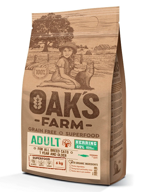 Беззерновой корм OAK'S FARM Adult Cat All Breed Herring для взрослых кошек (сельдь)