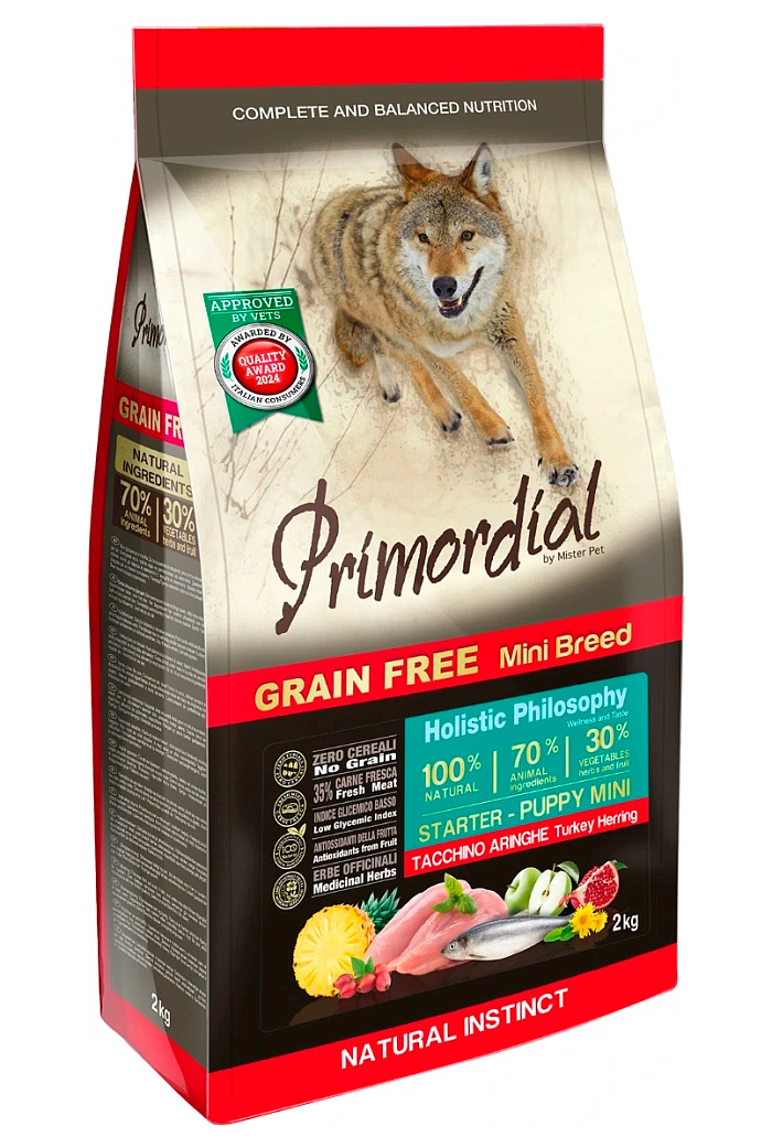 Беззерновой корм Примордиал для щенков мелких пород с индейкой и сельдью (Primordial Puppy Starter Mini)