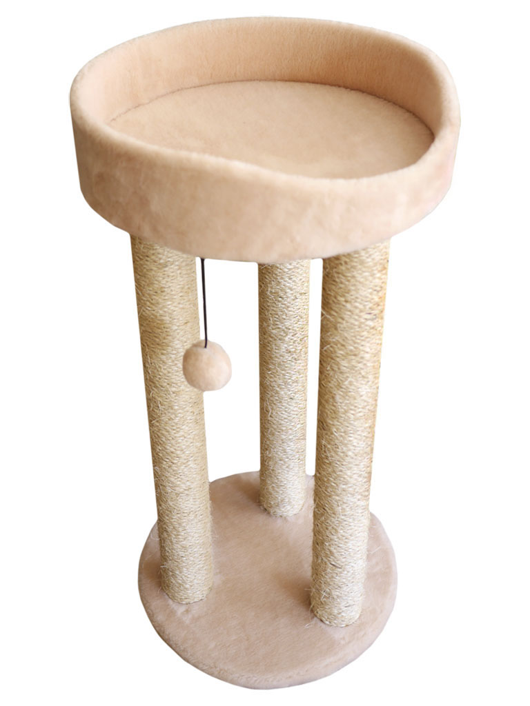 Когтеточка тринога с лежанкой с шариком на резинке (мех, сизаль), 85 см