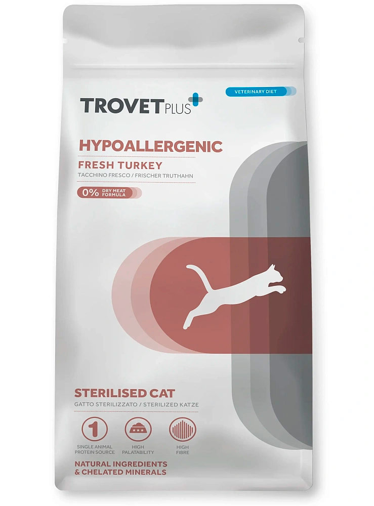 Гипоаллергенный корм Trovet Plus Sterilised CAT Hypoallergenic Fresh Turkey для стерилизованных кошек с пищевой гиперчувствительностью (свежая индейка)
