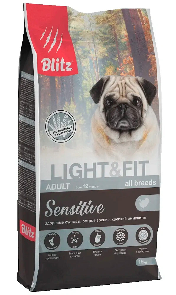 Сухой корм Блиц Сенсетив Лайт энд Фит для собак с лишним весом с индейкой (BLITZ Adult Light & Fit)