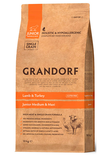 Гипоаллергенный корм GRANDORF DOG Junior Medium & Maxi для юниоров средних и крупных пород с 4 месяцев (Ягненок и индейка)