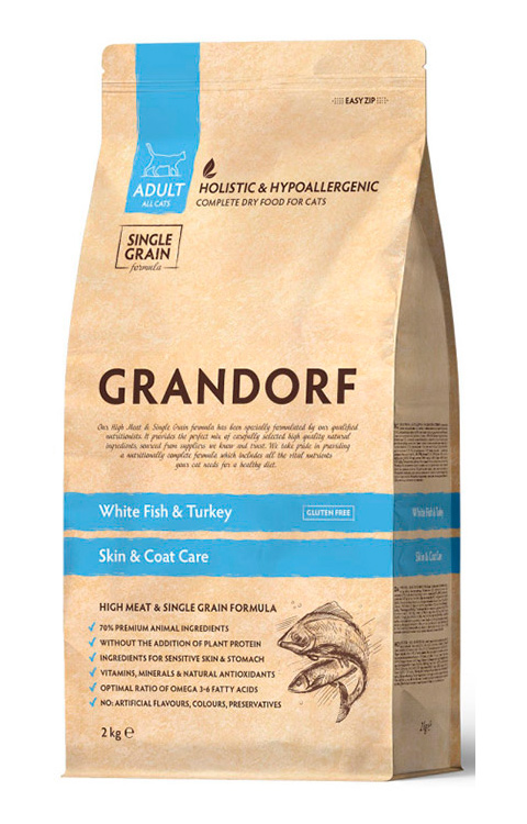 Низкозерновой корм Грандорф CAT White Fish & Turkey SKIN & CARE для кошек, забота о коже и шерсти  (Белая рыба, индейка)