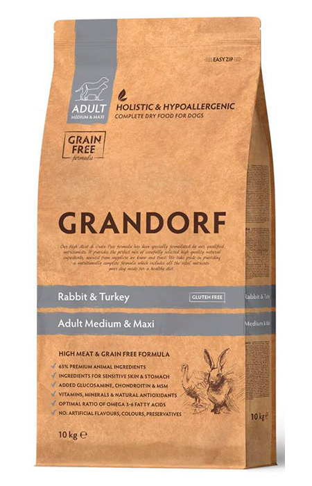 Беззерновой корм GRANDORF DOG Adult Medium & Maxi для взрослых собак средних и крупных пород (Кролик и индейка)